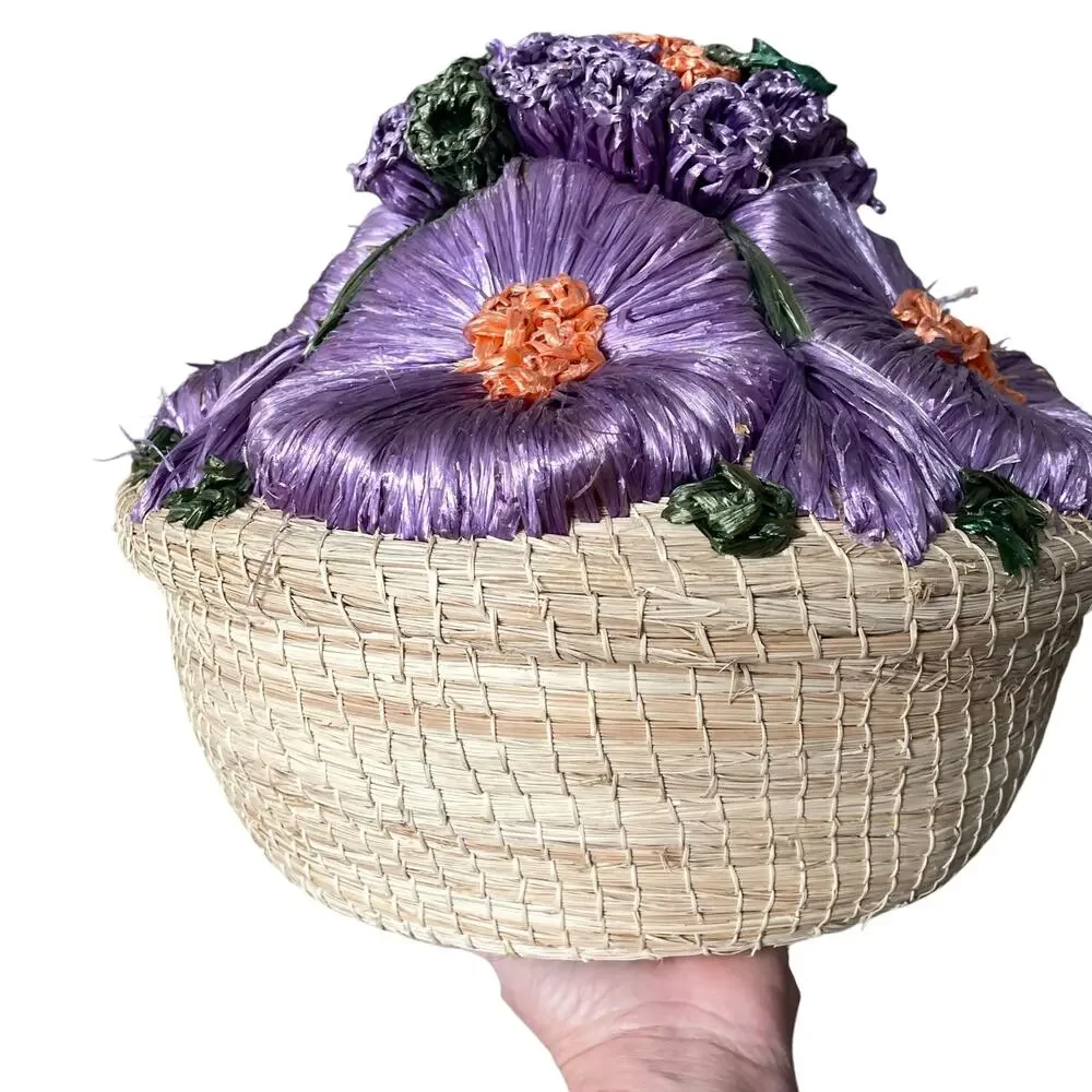Vintage Straw Basket Raffia Flowers Covered Dome Lid Large Sewing Boho Grandma